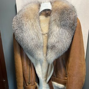 Men 100 percent genuine Shearling biker style Coat with Fox fur